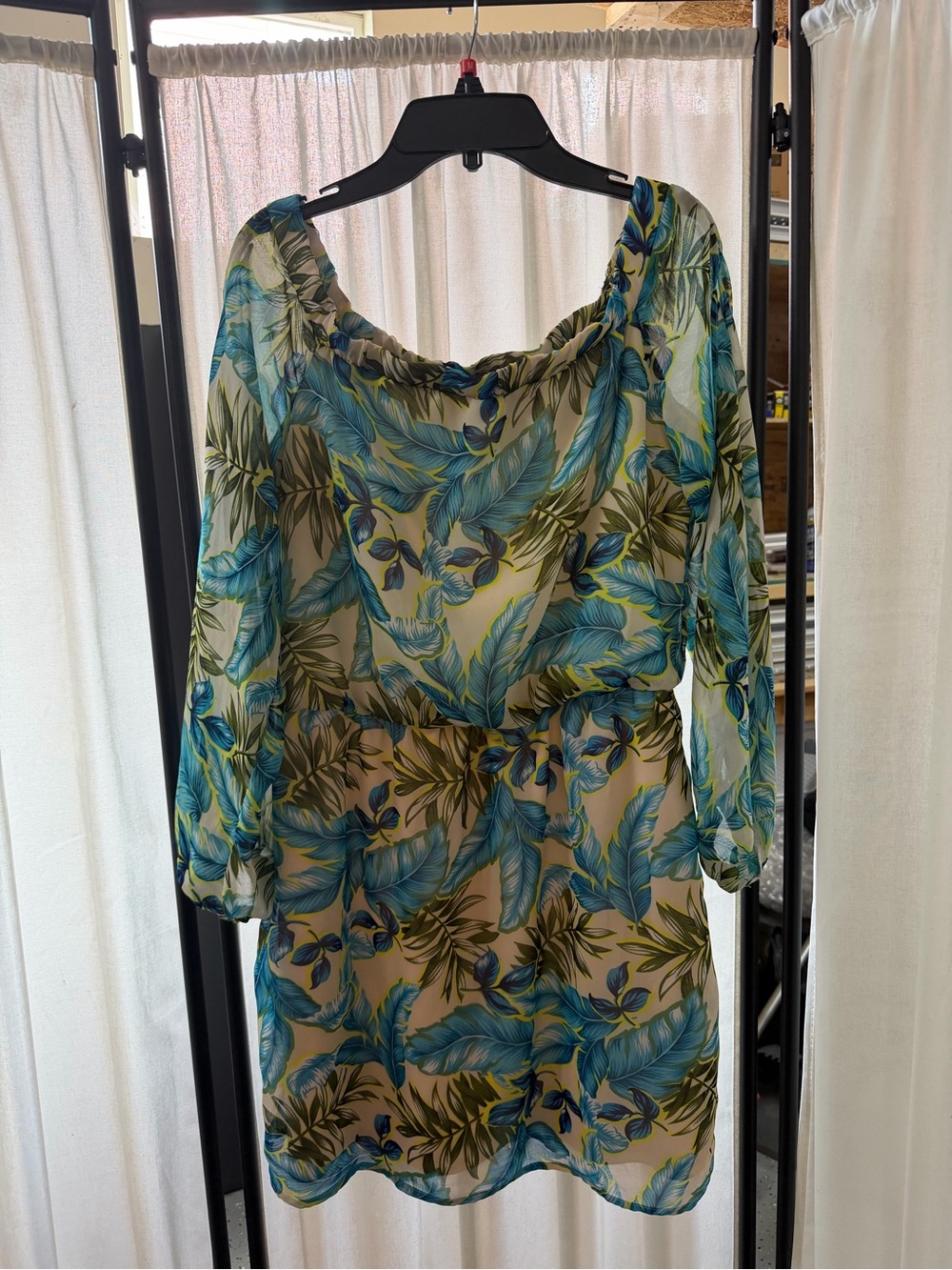 Teeze Me Blue & Green Tropical Leaf Long Sleeve Sheer Dress